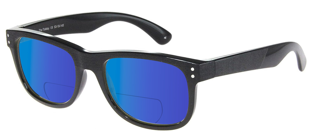 Profile View of Prive Revaux Tolstoy Designer Polarized Reading Sunglasses with Custom Cut Powered Blue Mirror Lenses in Caviar Black Unisex Panthos Full Rim Acetate 53 mm