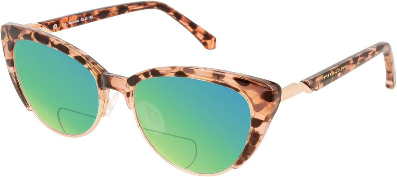 Profile View of Prive Revaux Veronica Designer Polarized Reading Sunglasses with Custom Cut Powered Green Mirror Lenses in Blush Pink Tortoise Havana Ladies Cat Eye Full Rim Acetate 53 mm