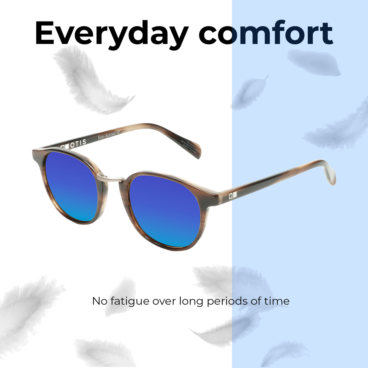 Lightweight Construction Illustration of OTIS A Day Late Designer Polarized Sunglasses with Custom Cut Blue Mirror Lenses in Eco Hornwood Unisex Round Full Rim Acetate 50 mm