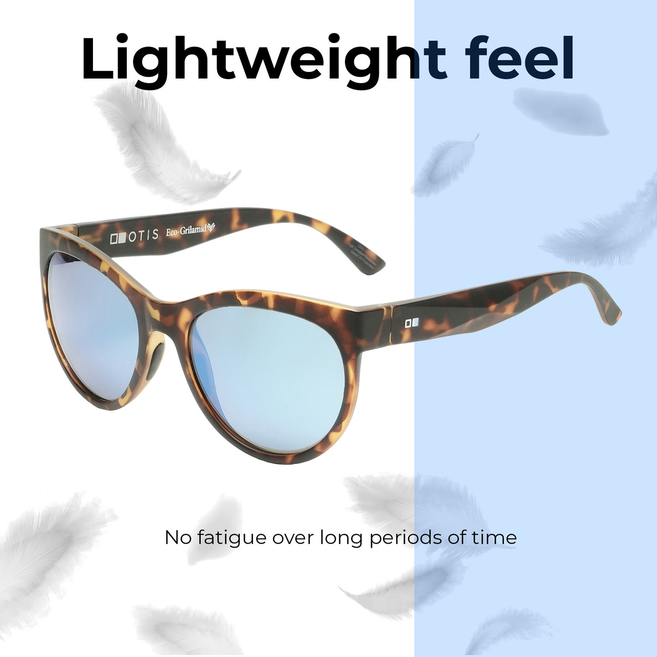 Lightweight Construction Illustration of OTIS Aerial CatEye Sunglasses in Honey Tortoise/Polarized Mirror Blue Glass 56mm