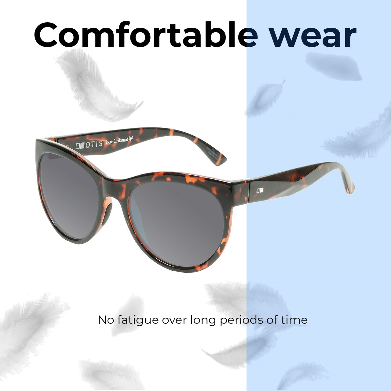 Lightweight Construction Illustration of OTIS Aerial Designer Polarized Sunglasses with Custom Cut Smoke Grey Lenses in Ochre Havana Tortoise Ladies Cat Eye Full Rim Acetate 56 mm