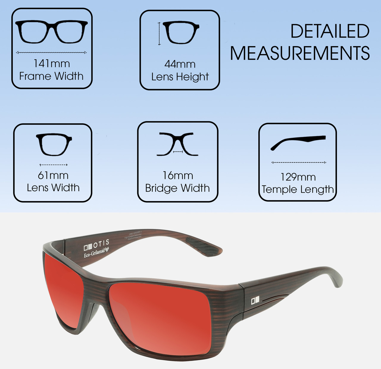 Dimensions and Measurements Illustration of OTIS Coastin Designer Polarized Sunglasses with Custom Cut Red Mirror Lenses in Matte Woodland Unisex Rectangular Full Rim Acetate 61 mm