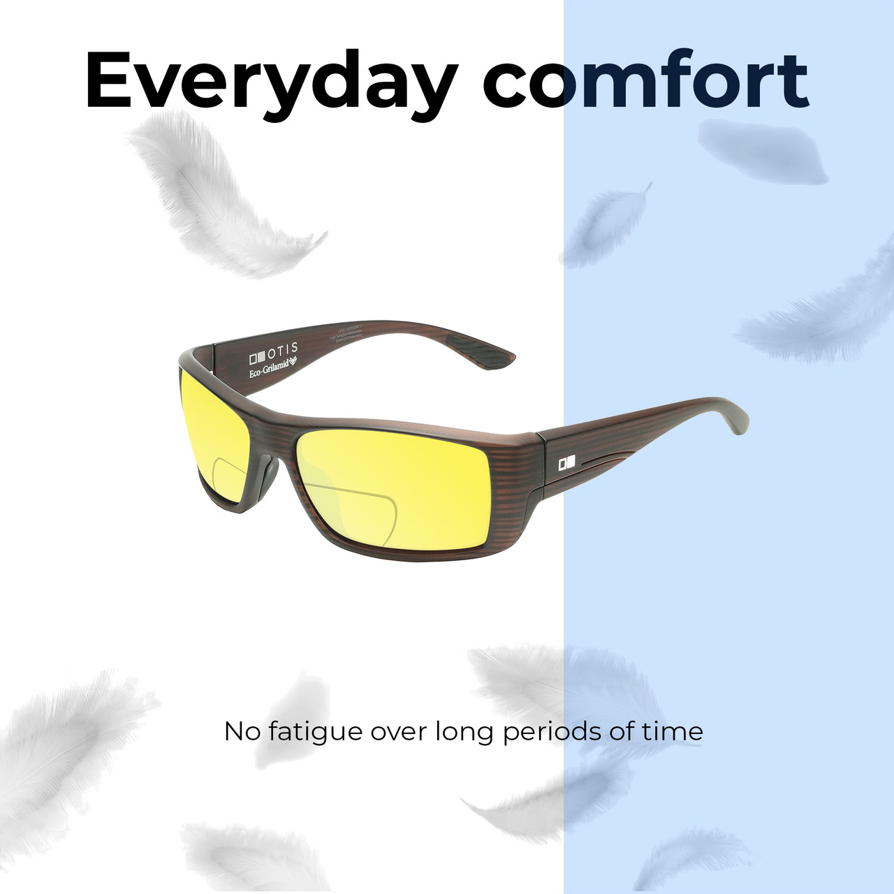 Lightweight Construction Illustration of OTIS Coastin Slim Designer Polarized Reading Sunglasses with Custom Cut Powered Sun Flower Yellow Lenses in Matte Woodland Unisex Rectangular Full Rim Acetate 61 mm