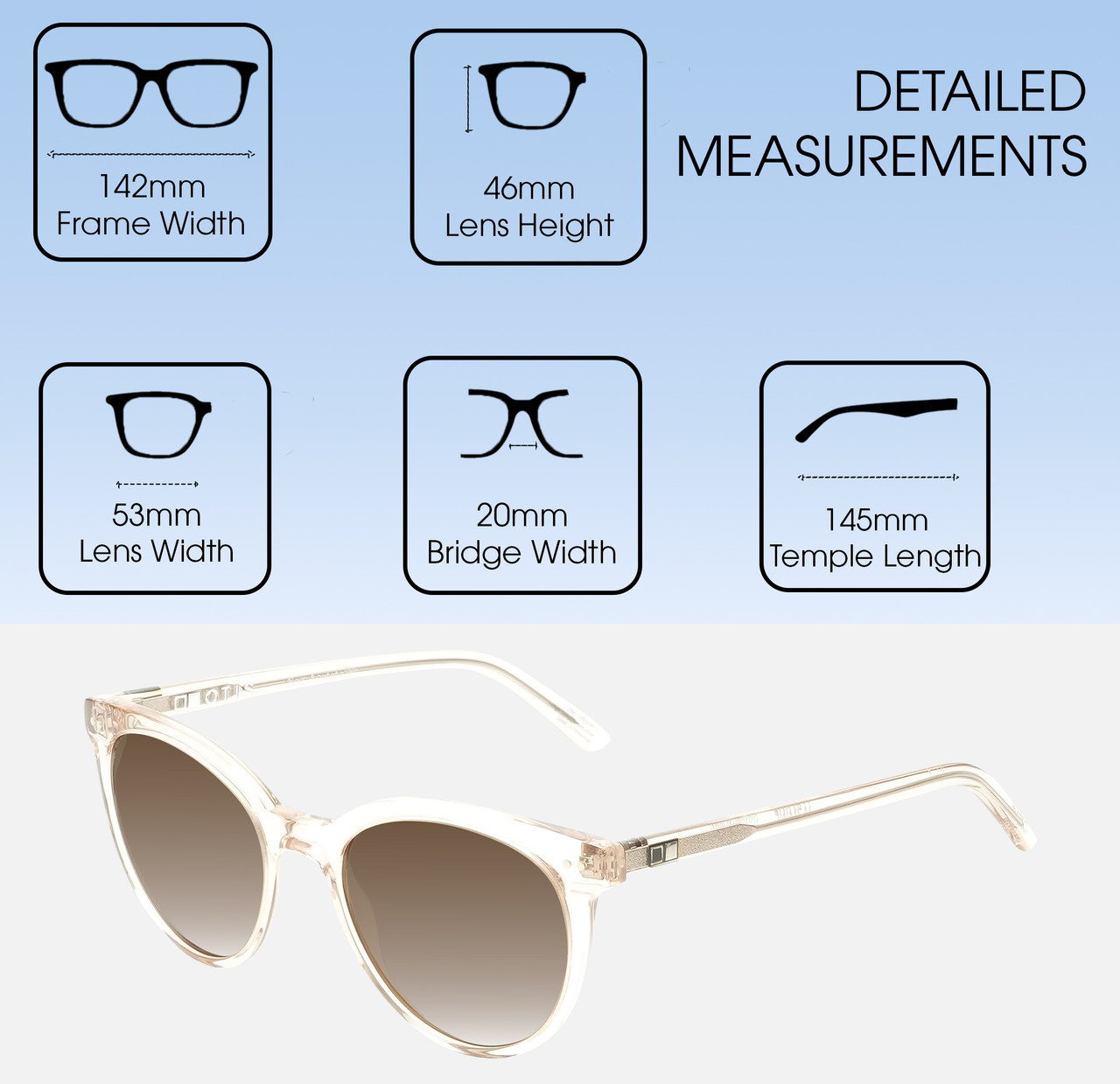 Dimensions and Measurements Illustration of OTIS Jazmine Designer Polarized Sunglasses with Custom Cut Amber Brown Lenses in Eco Crystal Coral Ladies Cat Eye Full Rim Acetate 53 mm