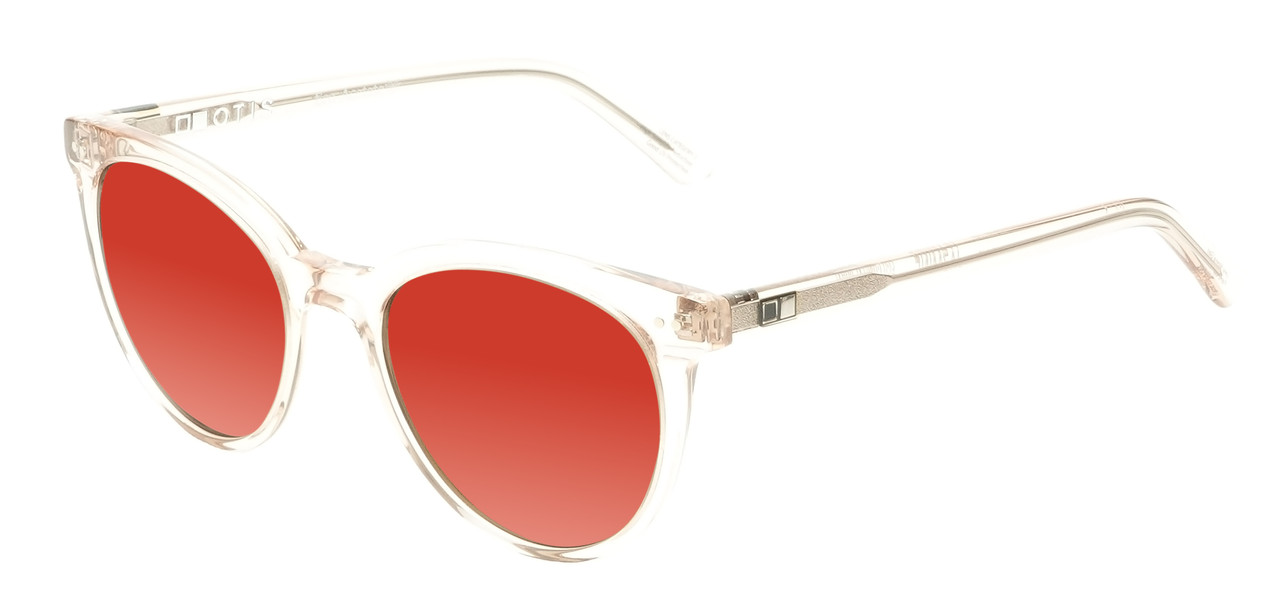 Profile View of OTIS Jazmine Designer Polarized Sunglasses with Custom Cut Red Mirror Lenses in Eco Crystal Coral Ladies Cat Eye Full Rim Acetate 53 mm