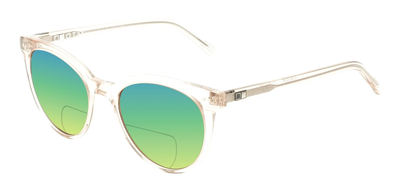 Profile View of OTIS Jazmine Designer Polarized Reading Sunglasses with Custom Cut Powered Green Mirror Lenses in Eco Crystal Coral Ladies Cat Eye Full Rim Acetate 53 mm