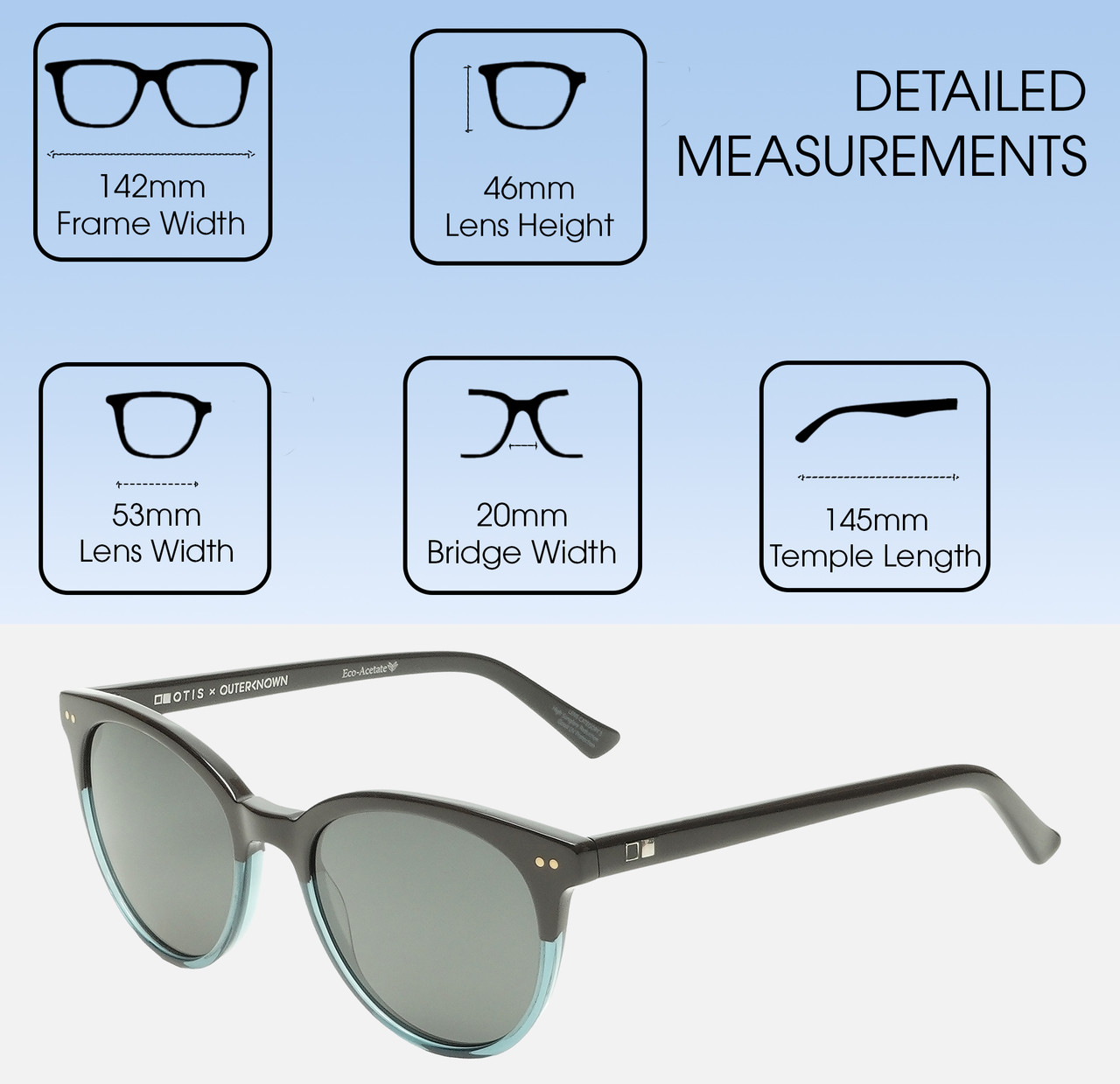 Dimensions and Measurements Illustration of OTIS Jazmine Round Sunglasses in Eco Teal Bark Smokey/Blue Polarized Glass 53 mm