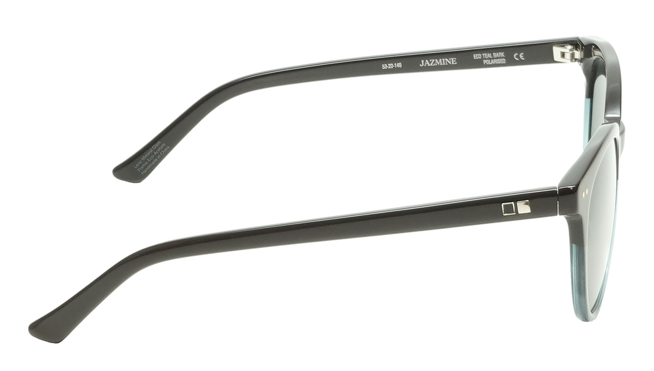 Side View of OTIS Jazmine Round Sunglasses in Eco Teal Bark Smokey/Blue Polarized Glass 53 mm