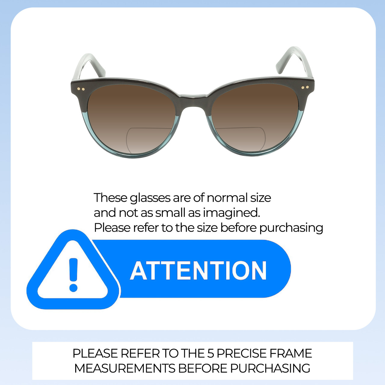 Size Awareness Illustration of OTIS Jazmine Designer Polarized Reading Sunglasses with Custom Cut Powered Amber Brown Lenses in Eco Teal Bark Smokey Unisex Round Full Rim Acetate 53 mm