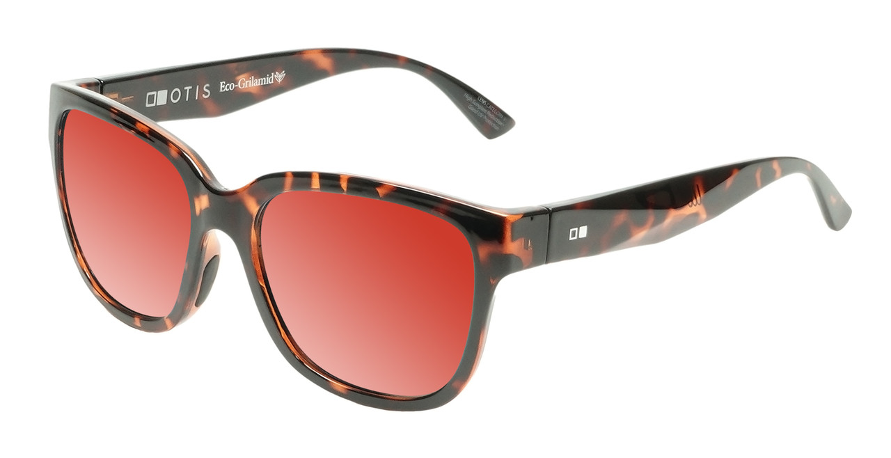 Profile View of OTIS Odyssey Designer Polarized Sunglasses with Custom Cut Red Mirror Lenses in Ochre Havana Tortoise Ladies Cat Eye Full Rim Acetate 54 mm