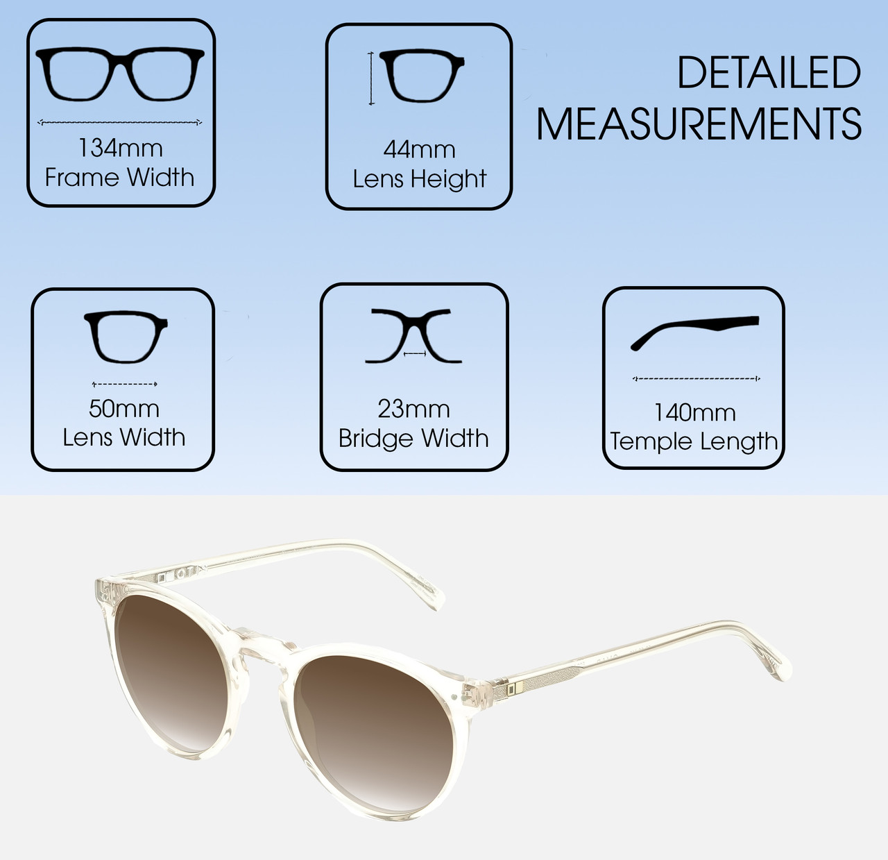 Dimensions and Measurements Illustration of OTIS Omar Designer Polarized Sunglasses with Custom Cut Amber Brown Lenses in Eco Crystal Sand Ladies Round Full Rim Acetate 50 mm