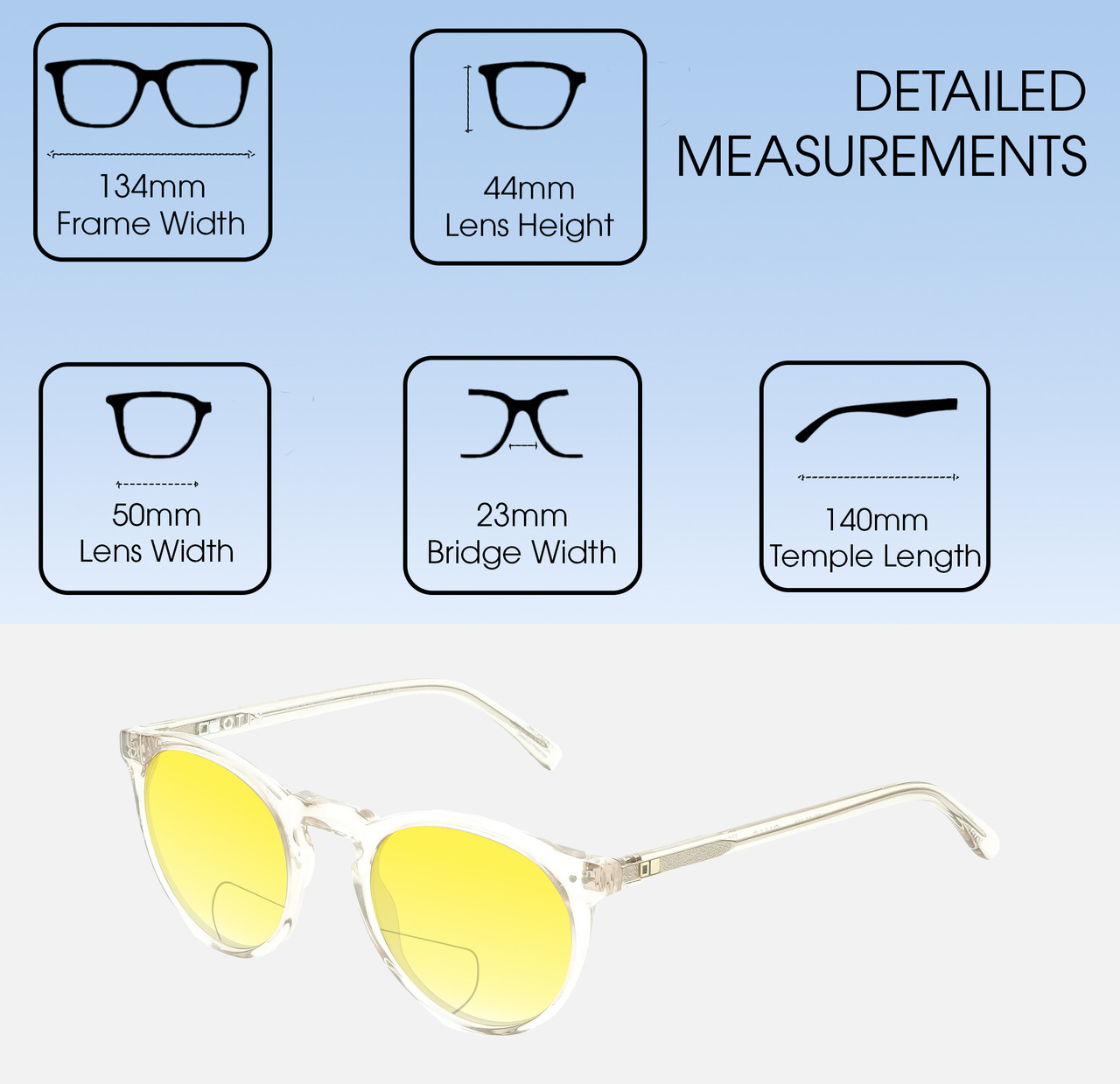 Dimensions and Measurements Illustration of OTIS Omar Designer Polarized Reading Sunglasses with Custom Cut Powered Sun Flower Yellow Lenses in Eco Crystal Sand Ladies Round Full Rim Acetate 50 mm