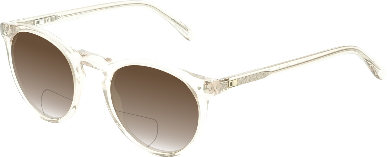 Profile View of OTIS Omar Designer Polarized Reading Sunglasses with Custom Cut Powered Amber Brown Lenses in Eco Crystal Sand Ladies Round Full Rim Acetate 50 mm