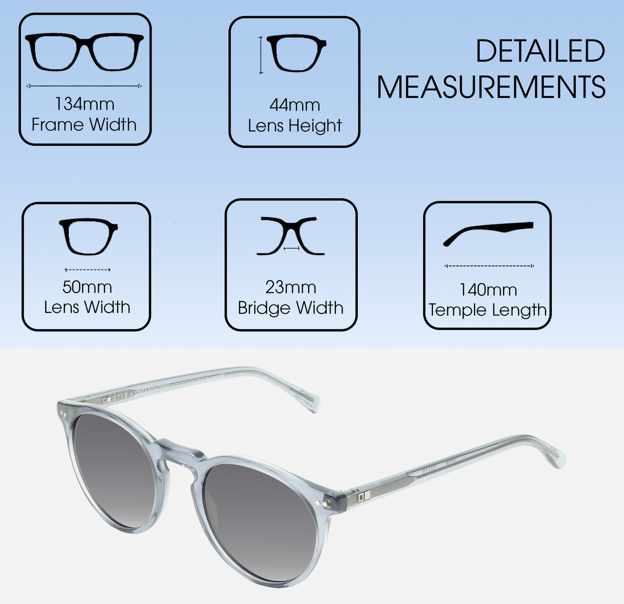 Dimensions and Measurements Illustration of OTIS Omar Designer Polarized Sunglasses with Custom Cut Smoke Grey Lenses in Eco Crystal Wave Neutral Unisex Round Full Rim Acetate 50 mm