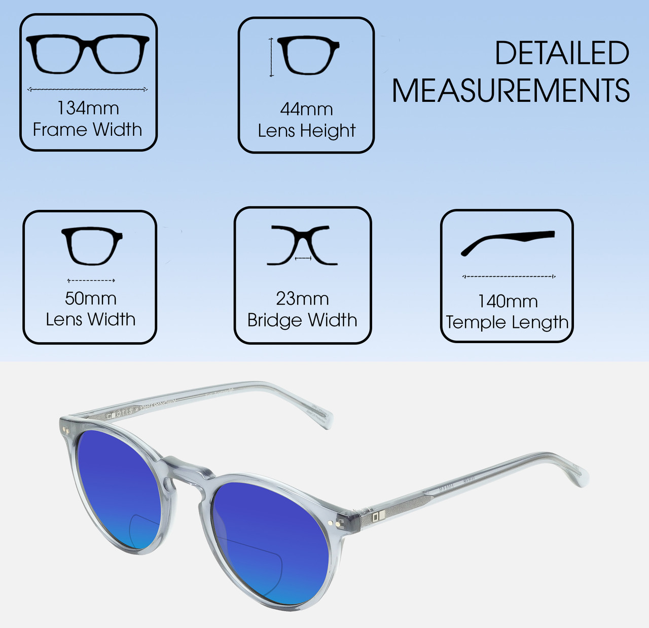 Dimensions and Measurements Illustration of OTIS Omar Designer Polarized Reading Sunglasses with Custom Cut Powered Blue Mirror Lenses in Eco Crystal Wave Neutral Unisex Round Full Rim Acetate 50 mm