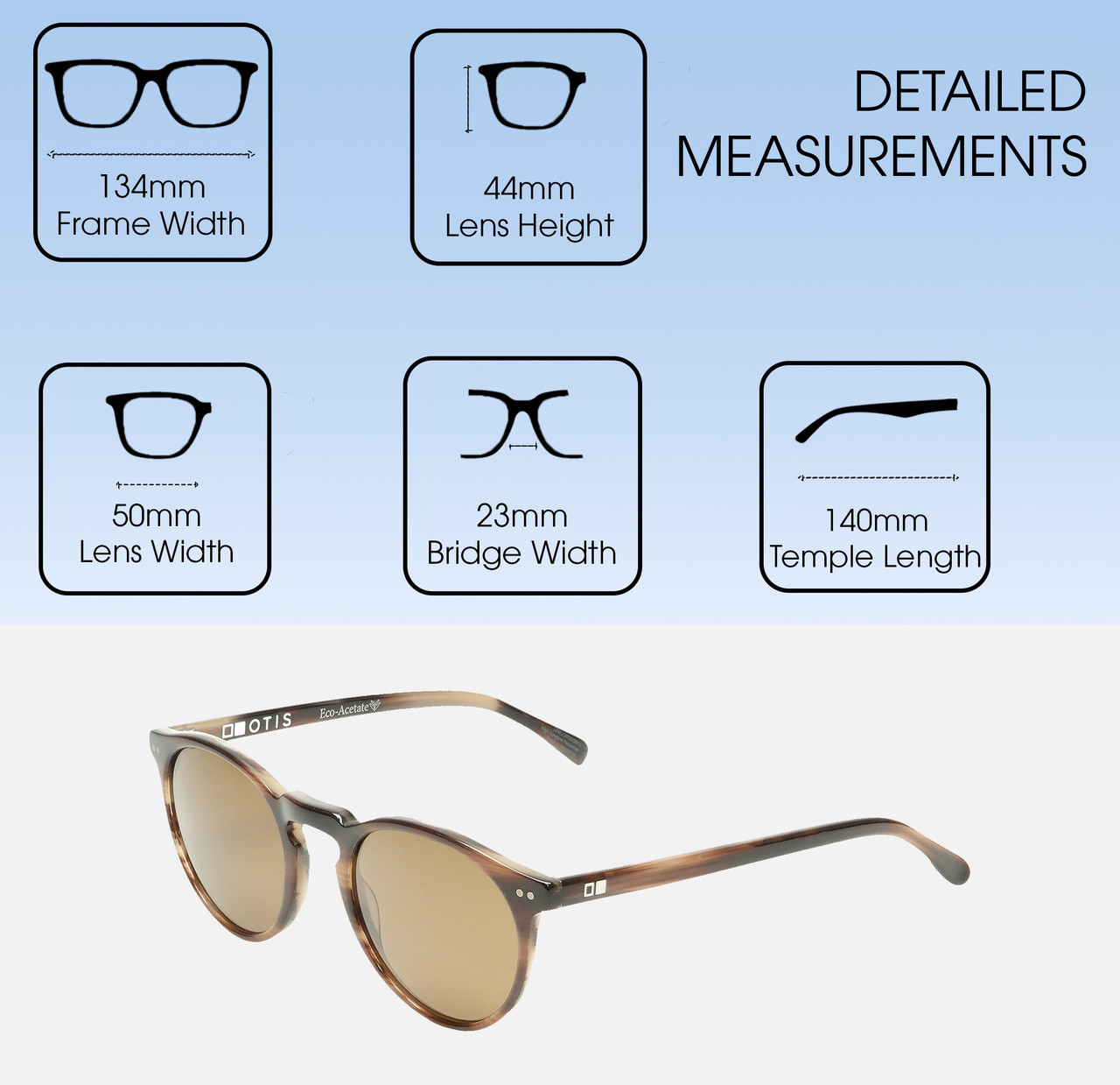 Dimensions and Measurements Illustration of OTIS Omar Unisex Round Designer Sunglasses Eco Hornwood/Brown Polarized Glass 50mm