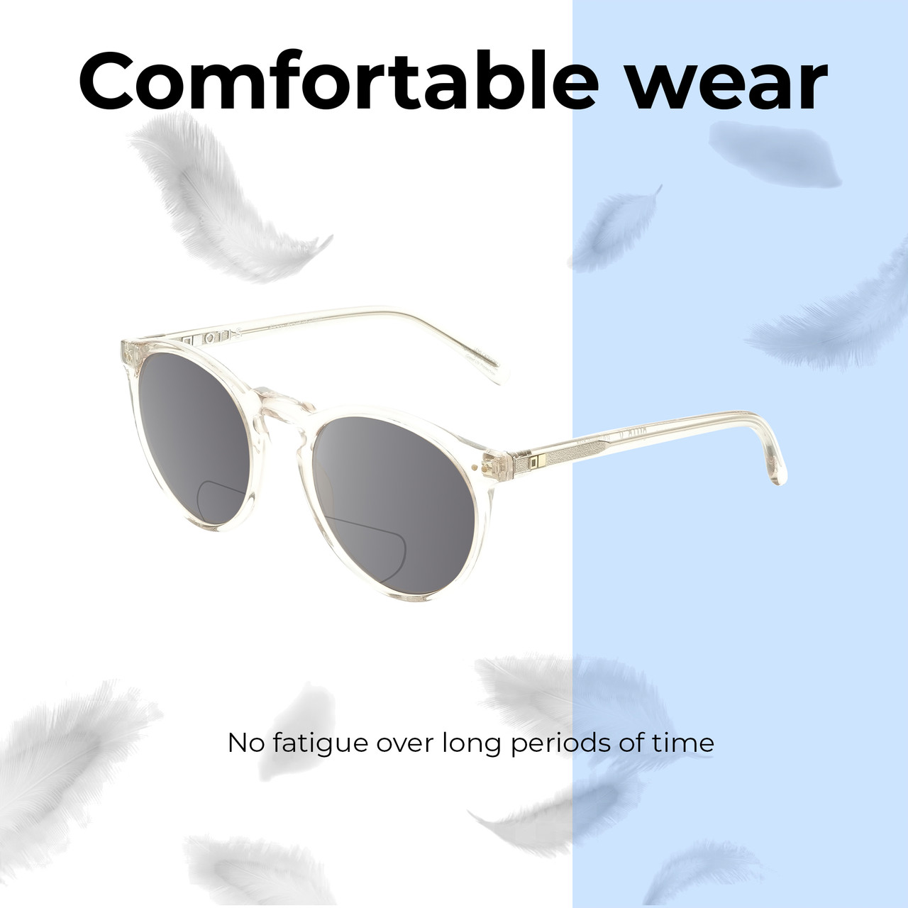 Lightweight Construction Illustration of OTIS Omar X Designer Polarized Reading Sunglasses with Custom Cut Powered Smoke Grey Lenses in Eco Crystal Sand Unisex Round Full Rim Acetate 52 mm