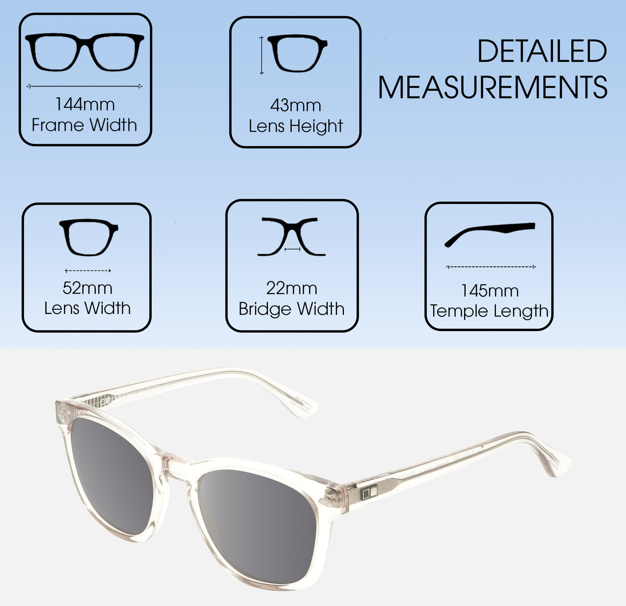 Dimensions and Measurements Illustration of OTIS Summer of 67 X Designer Polarized Sunglasses with Custom Cut Smoke Grey Lenses in Eco Clear Unisex Square Full Rim Acetate 52 mm