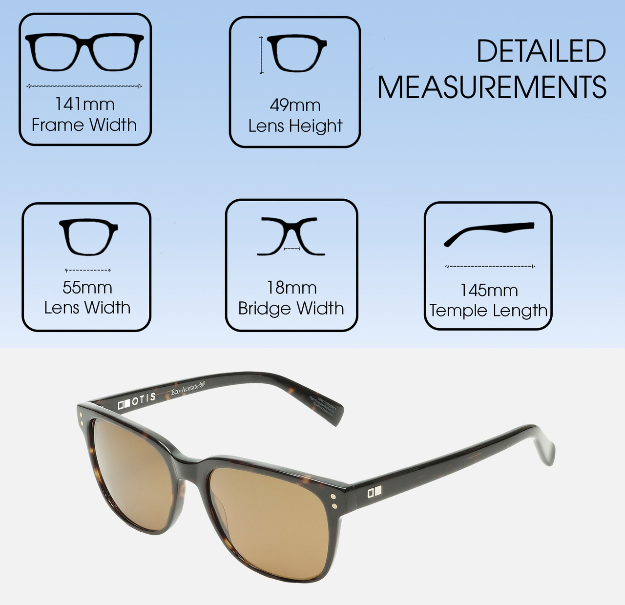 Dimensions and Measurements Illustration of OTIS Test of Time X Unisex Square Sunglasses Eco Havana/Brown Polarized Glass 55mm