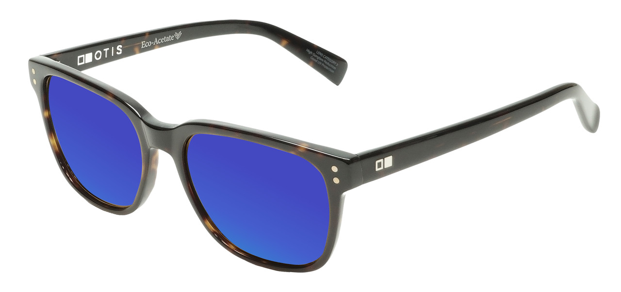 Profile View of OTIS Test of Time X Designer Polarized Sunglasses with Custom Cut Blue Mirror Lenses in Eco Havana Tortoise Unisex Square Full Rim Acetate 55 mm