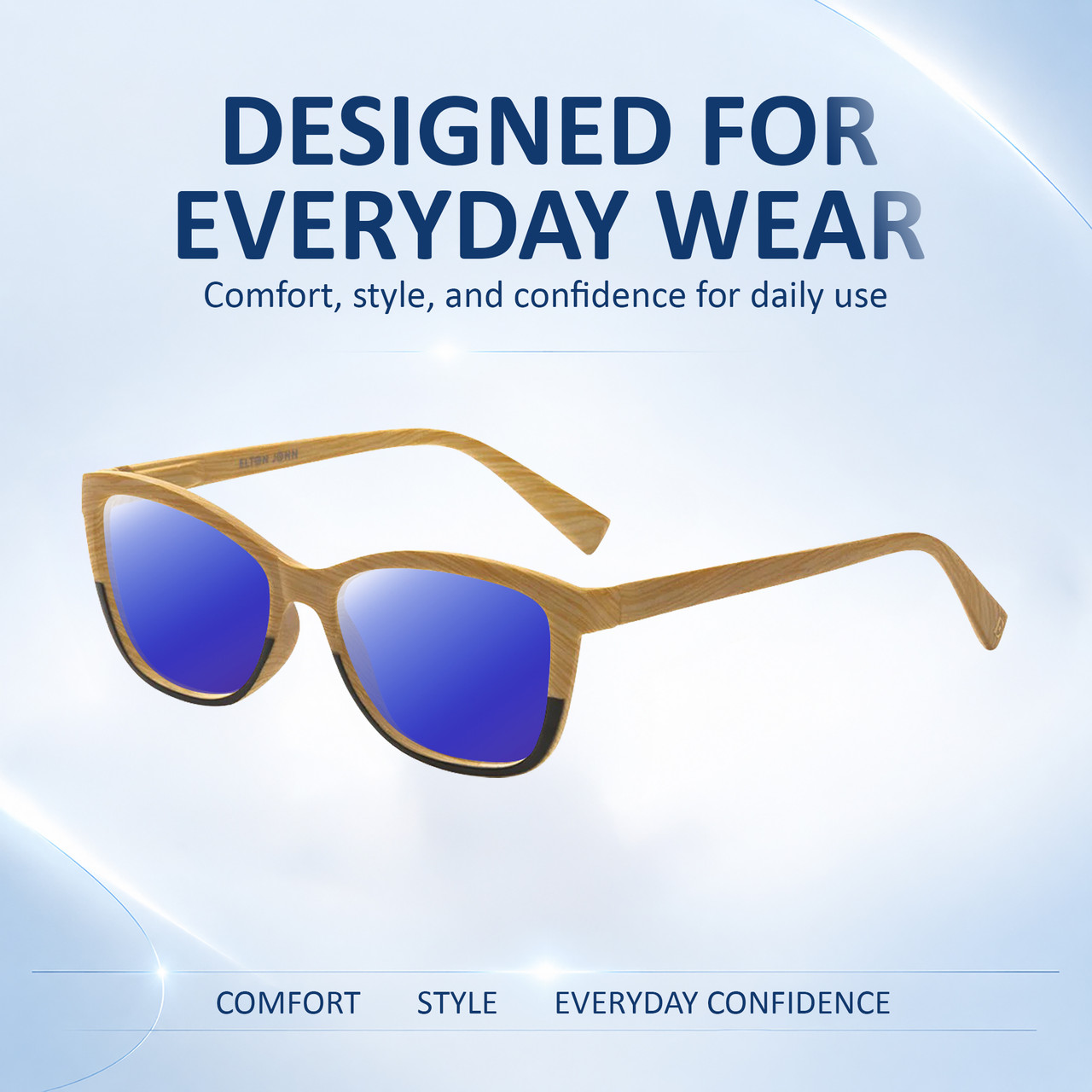 Comfort, Stylish, Everyday Confidence Illustration of Elton John Ambient Designer Polarized Sunglasses with Custom Cut Blue Mirror Lenses in Wood Stripe Black Fade Unisex Cat Eye Full Rim Acetate 54 mm