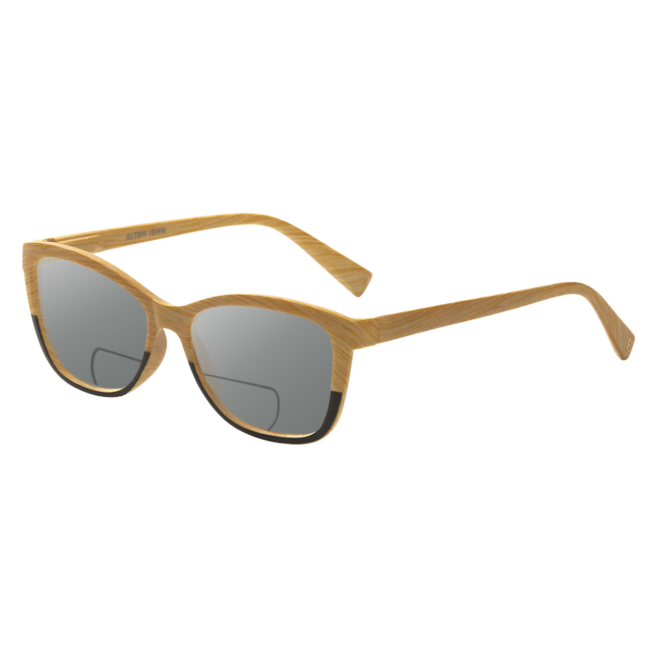 Profile View of Elton John Ambient Designer Polarized Reading Sunglasses with Custom Cut Powered Smoke Grey Lenses in Wood Stripe Black Fade Unisex Cat Eye Full Rim Acetate 54 mm