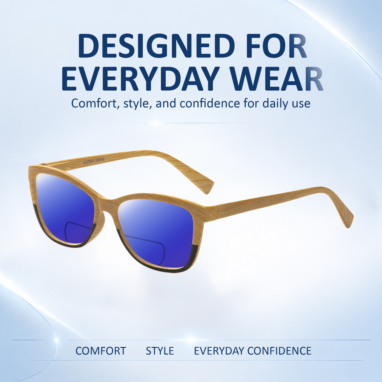 Comfort, Stylish, Everyday Confidence Illustration of Elton John Ambient Designer Polarized Reading Sunglasses with Custom Cut Powered Blue Mirror Lenses in Wood Stripe Black Fade Unisex Cat Eye Full Rim Acetate 54 mm
