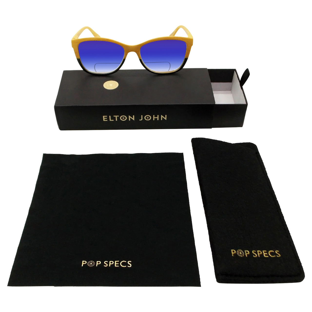 Branded Carrying & Storage Case for Elton John Ambient Designer Polarized Reading Sunglasses with Custom Cut Powered Blue Mirror Lenses in Wood Stripe Black Fade Unisex Cat Eye Full Rim Acetate 54 mm