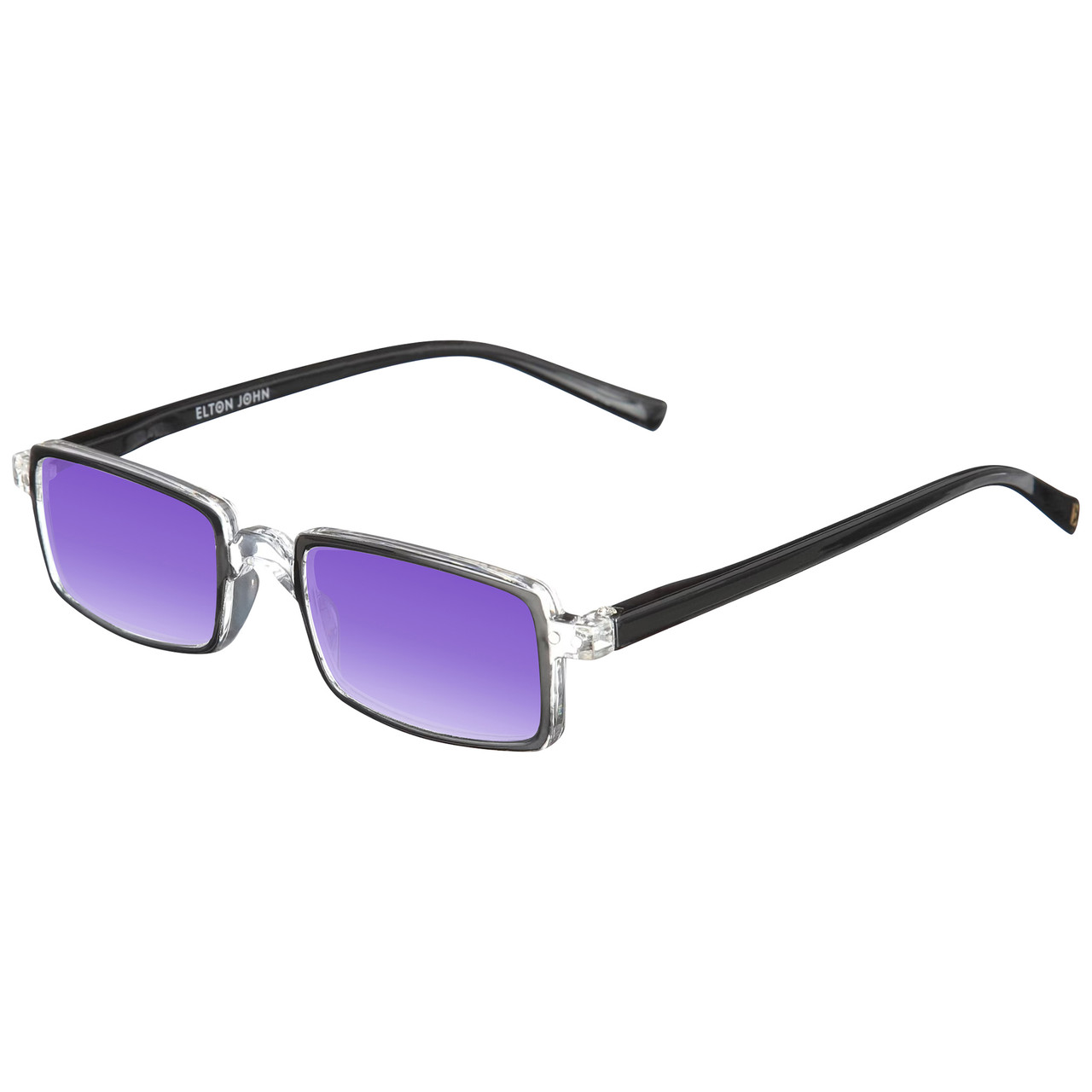 Elton John Bullet Unisex Rectangular Designer Polarized Sunglasses in Black Crystal 47mm CHOOSE LENS COLOR with Custom Cut Purple Mirror Lenses