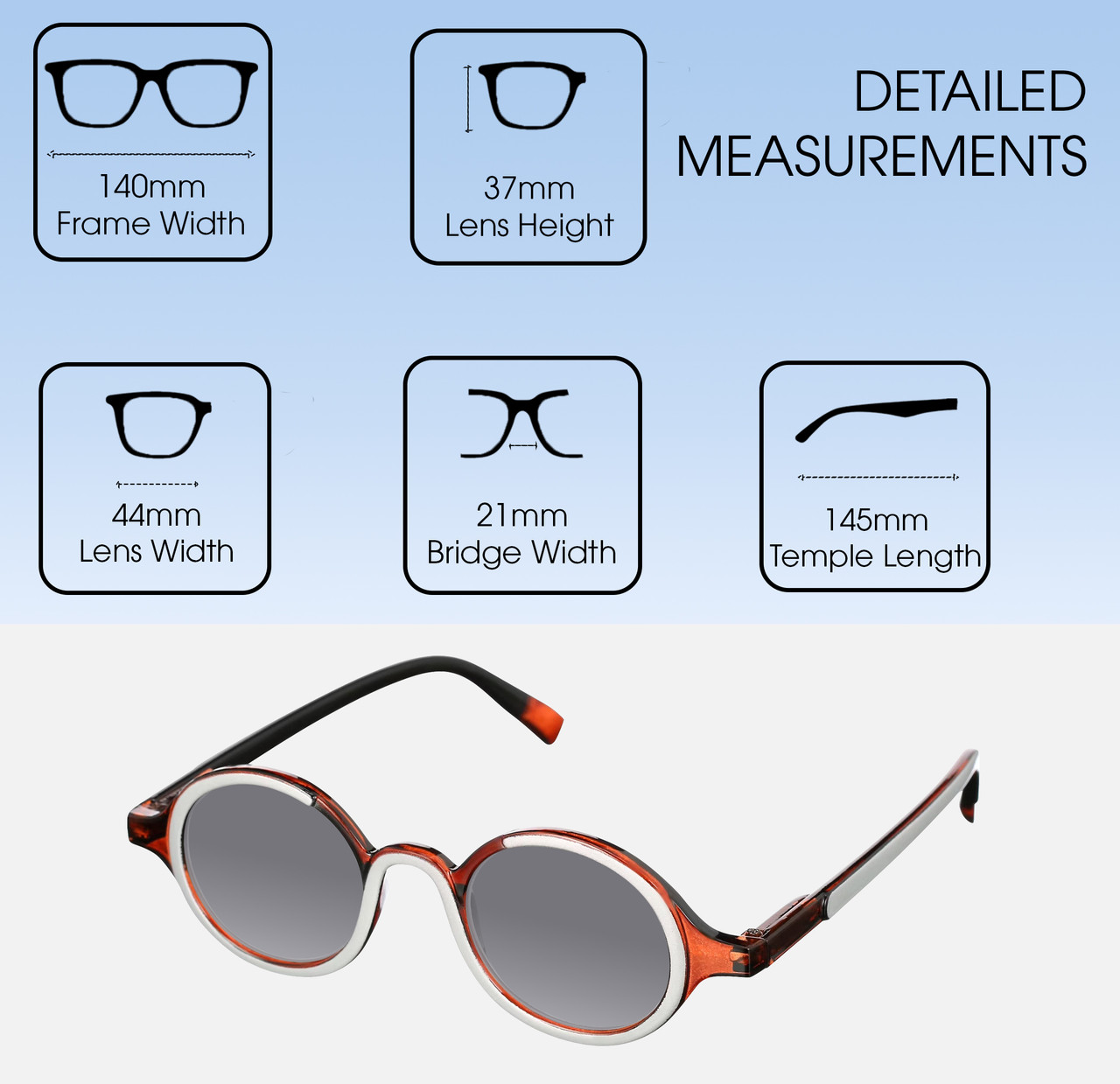 Dimensions and Measurements Illustration of Elton John Mash Up Designer Polarized Sunglasses with Custom Cut Smoke Grey Lenses in Red Crystal Unisex Round Full Rim Acetate 44 mm