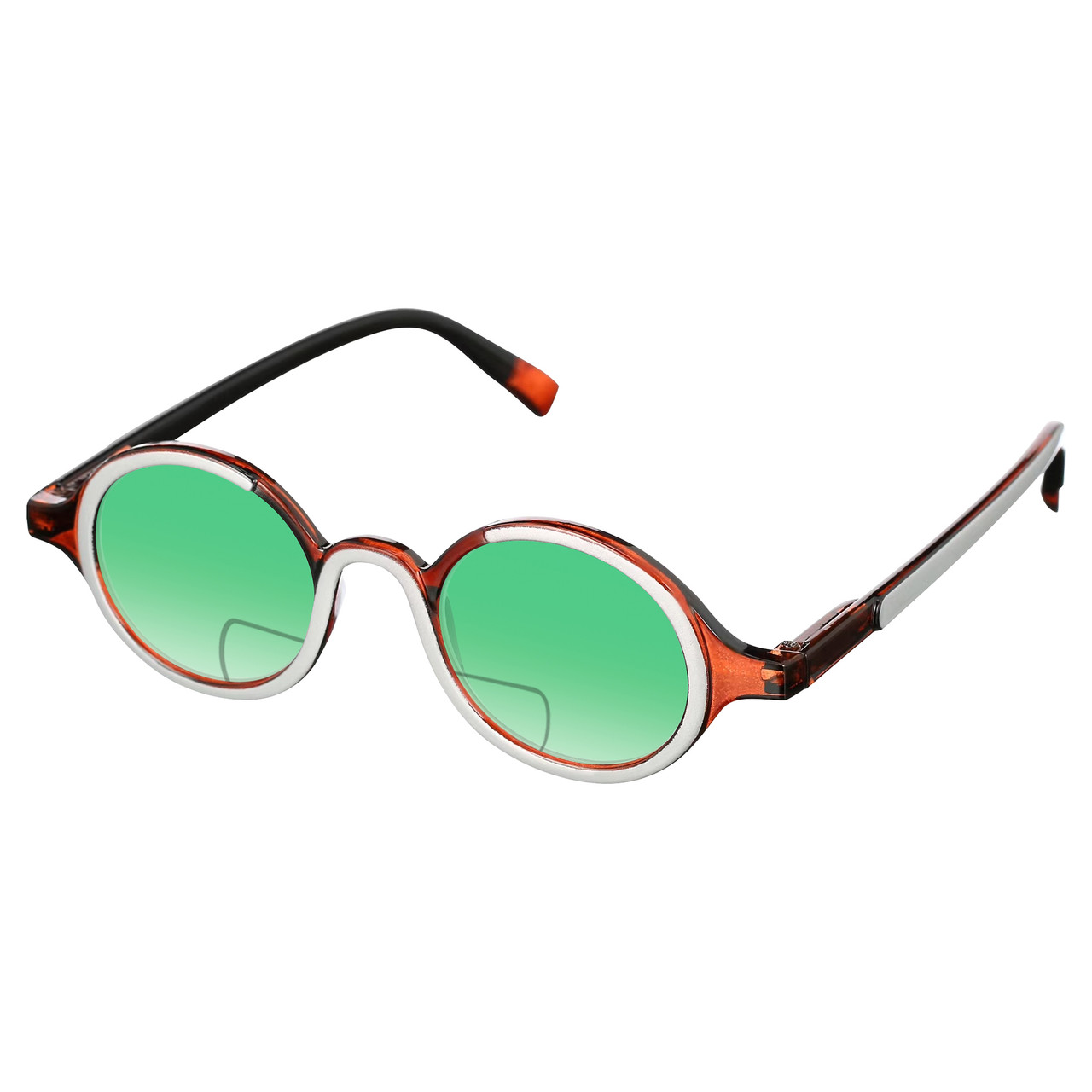 Profile View of Elton John Mash Up Designer Polarized Reading Sunglasses with Custom Cut Powered Green Mirror Lenses in Red Crystal Unisex Round Full Rim Acetate 44 mm