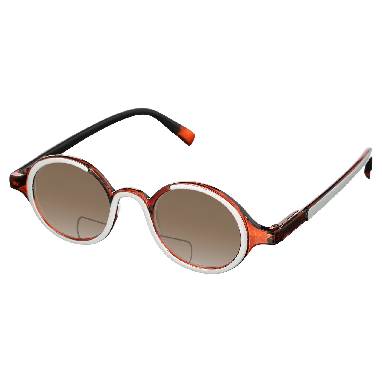 Profile View of Elton John Mash Up Designer Polarized Reading Sunglasses with Custom Cut Powered Amber Brown Lenses in Red Crystal Unisex Round Full Rim Acetate 44 mm