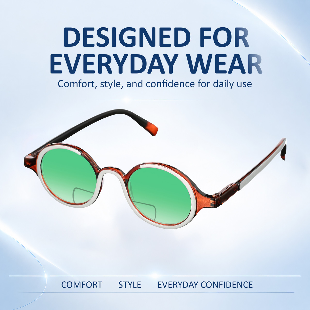 Comfort, Stylish, Everyday Confidence Illustration of Elton John Mash Up Designer Polarized Reading Sunglasses with Custom Cut Powered Green Mirror Lenses in Red Crystal Unisex Round Full Rim Acetate 44 mm