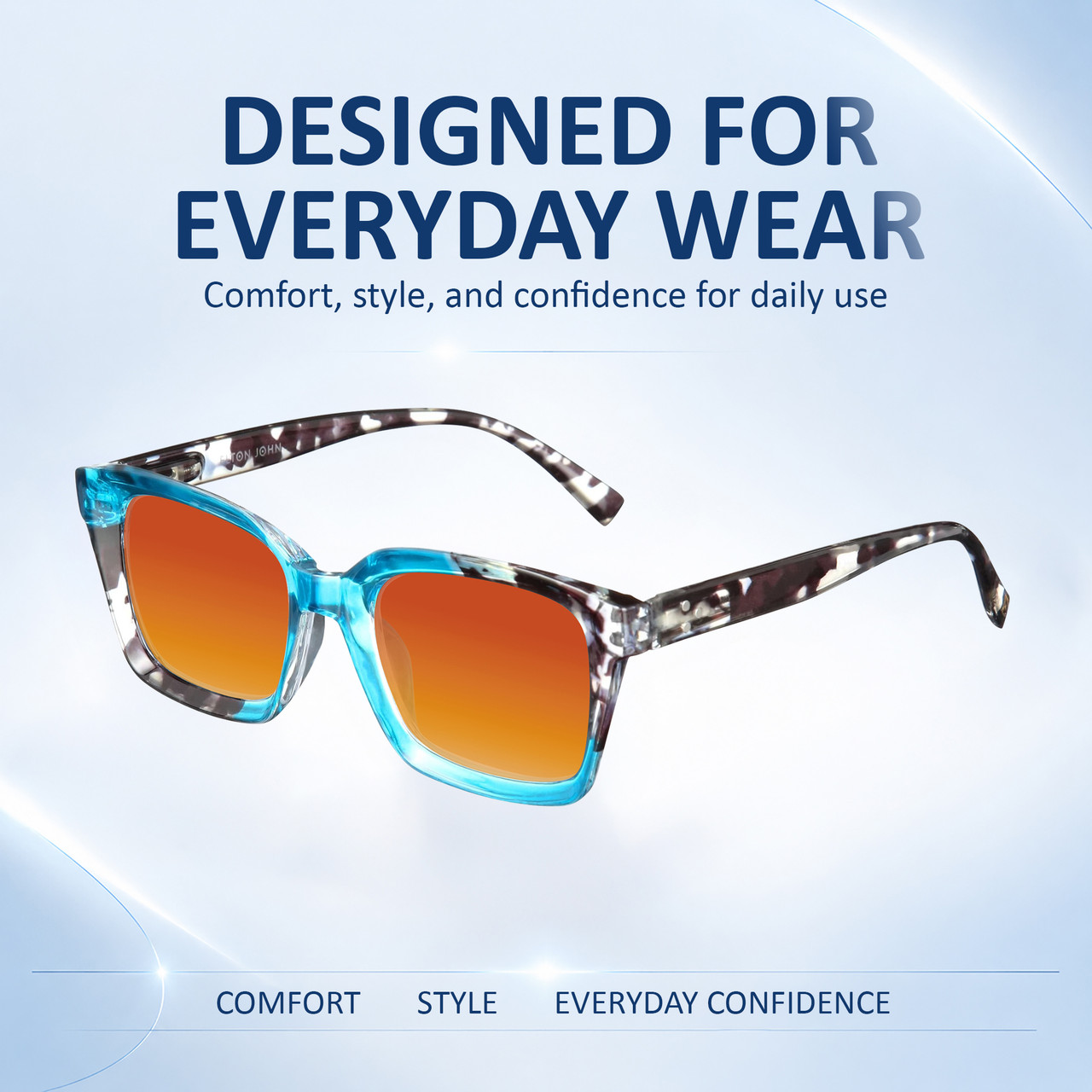 Comfort, Stylish, Everyday Confidence Illustration of Elton John Remix 1 Designer Polarized Sunglasses with Custom Cut Red Mirror Lenses in Sapphire Blue Marble Black White Unisex Round Full Rim Acetate 49 mm