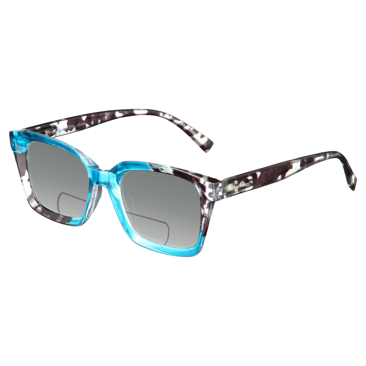 Profile View of Elton John Remix 1 Designer Polarized Reading Sunglasses with Custom Cut Powered Smoke Grey Lenses in Sapphire Blue Marble Black White Unisex Round Full Rim Acetate 49 mm