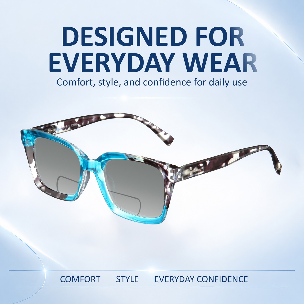 Comfort, Stylish, Everyday Confidence Illustration of Elton John Remix 1 Designer Polarized Reading Sunglasses with Custom Cut Powered Smoke Grey Lenses in Sapphire Blue Marble Black White Unisex Round Full Rim Acetate 49 mm