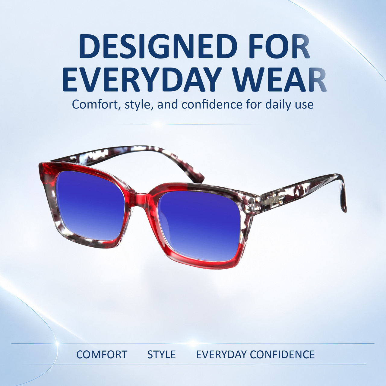 Comfort, Stylish, Everyday Confidence Illustration of Elton John Remix 2 Designer Polarized Sunglasses with Custom Cut Blue Mirror Lenses in Ruby Red Marble Black White Unisex Round Full Rim Acetate 49 mm