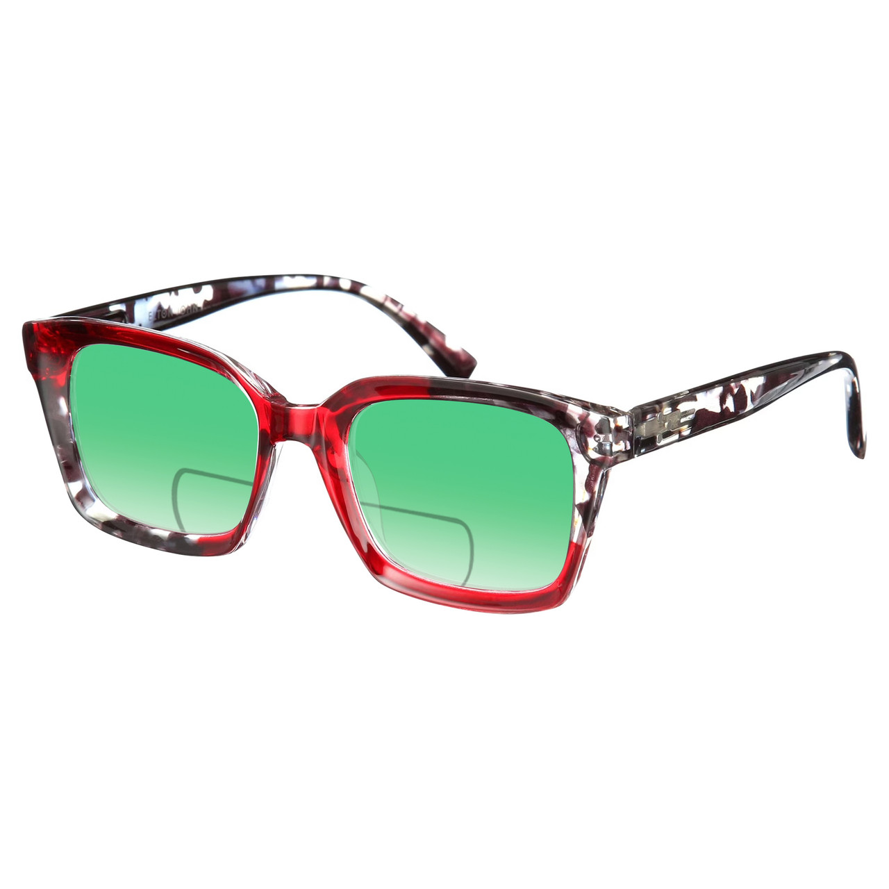 Profile View of Elton John Remix 2 Designer Polarized Reading Sunglasses with Custom Cut Powered Green Mirror Lenses in Ruby Red Marble Black White Unisex Round Full Rim Acetate 49 mm