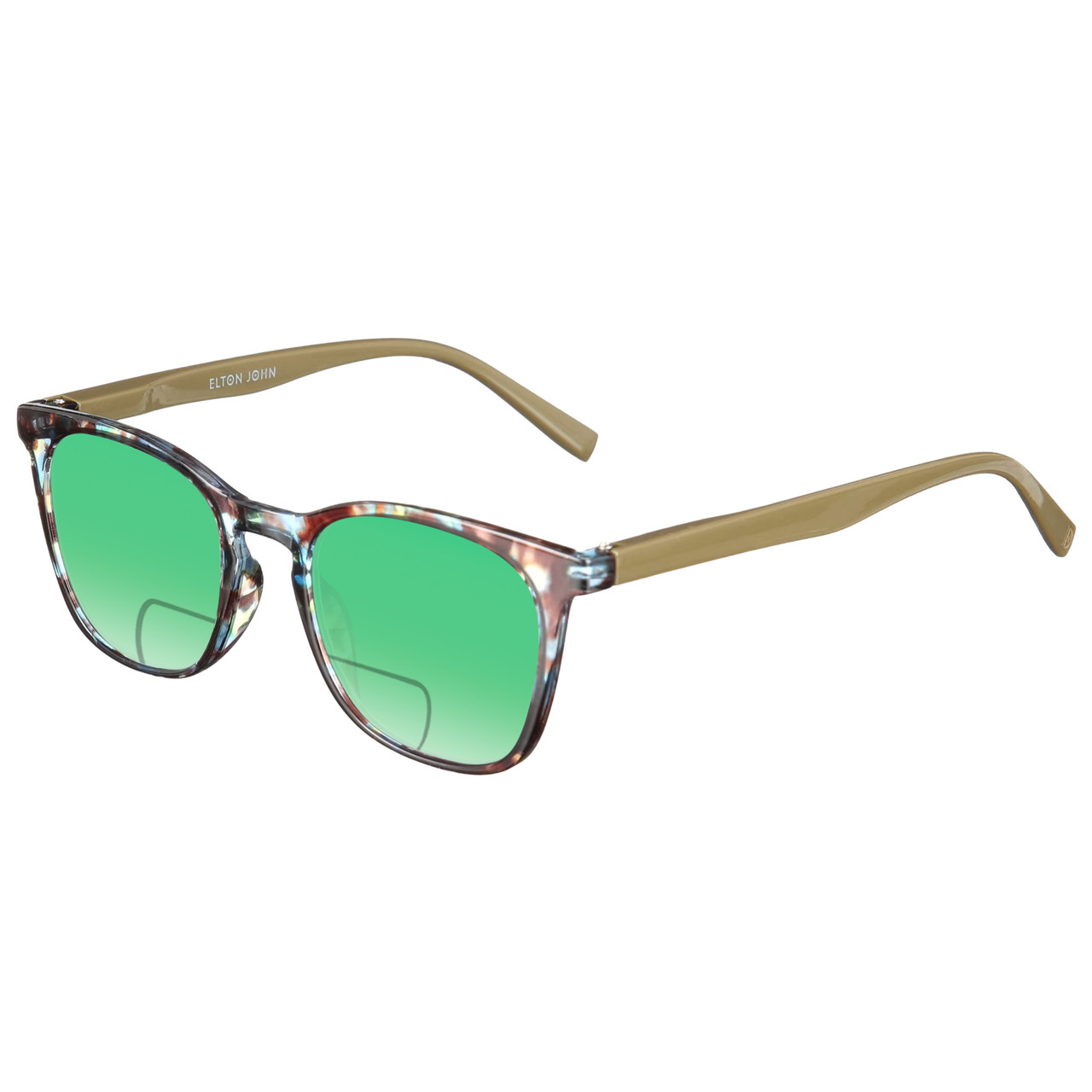 Profile View of Elton John Single 1 Designer Polarized Reading Sunglasses with Custom Cut Powered Green Mirror Lenses in Multi Color Crystal Brown Blue Unisex Square Full Rim Acetate 45 mm