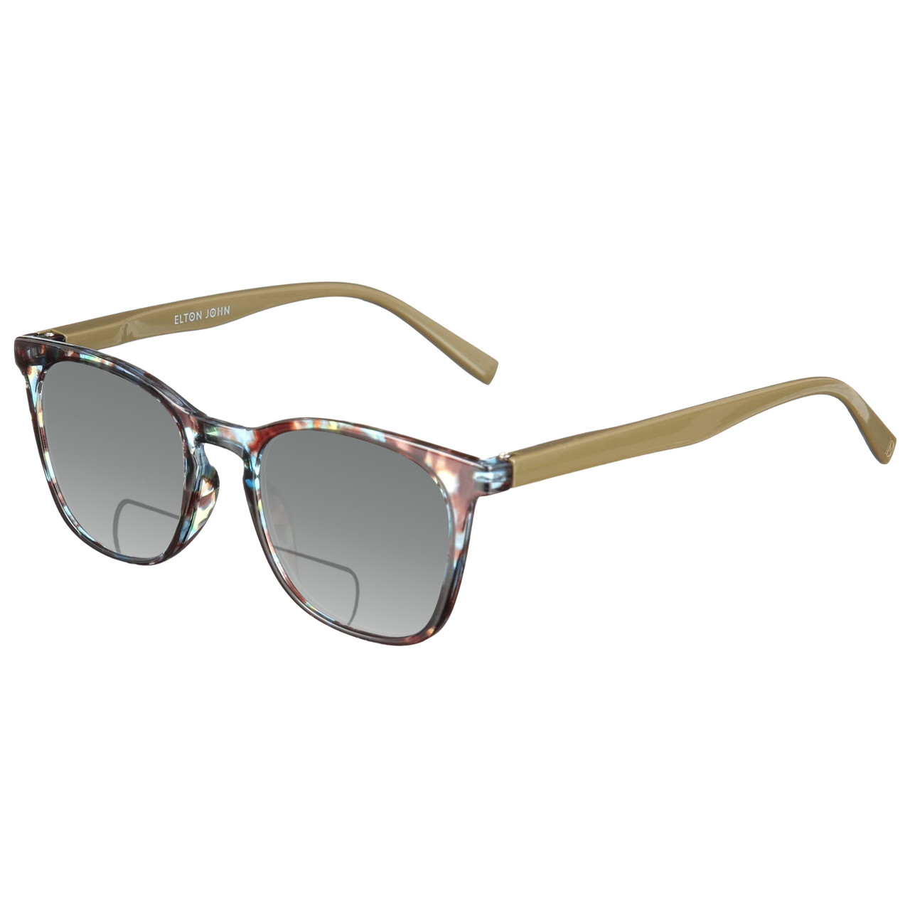 Profile View of Elton John Single 1 Designer Polarized Reading Sunglasses with Custom Cut Powered Smoke Grey Lenses in Multi Color Crystal Brown Blue Unisex Square Full Rim Acetate 45 mm
