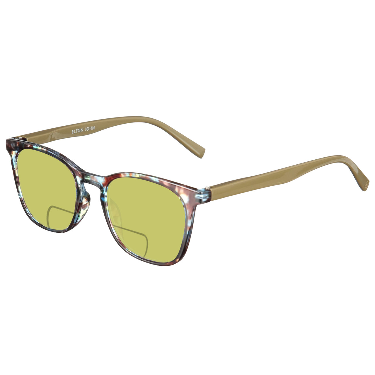 Profile View of Elton John Single 1 Designer Polarized Reading Sunglasses with Custom Cut Powered Sun Flower Yellow Lenses in Multi Color Crystal Brown Blue Unisex Square Full Rim Acetate 45 mm