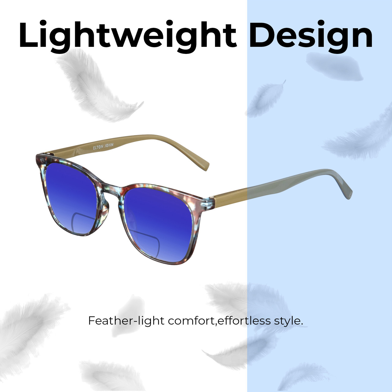 Lightweight Construction Illustration of Elton John Single 1 Designer Polarized Reading Sunglasses with Custom Cut Powered Blue Mirror Lenses in Multi Color Crystal Brown Blue Unisex Square Full Rim Acetate 45 mm