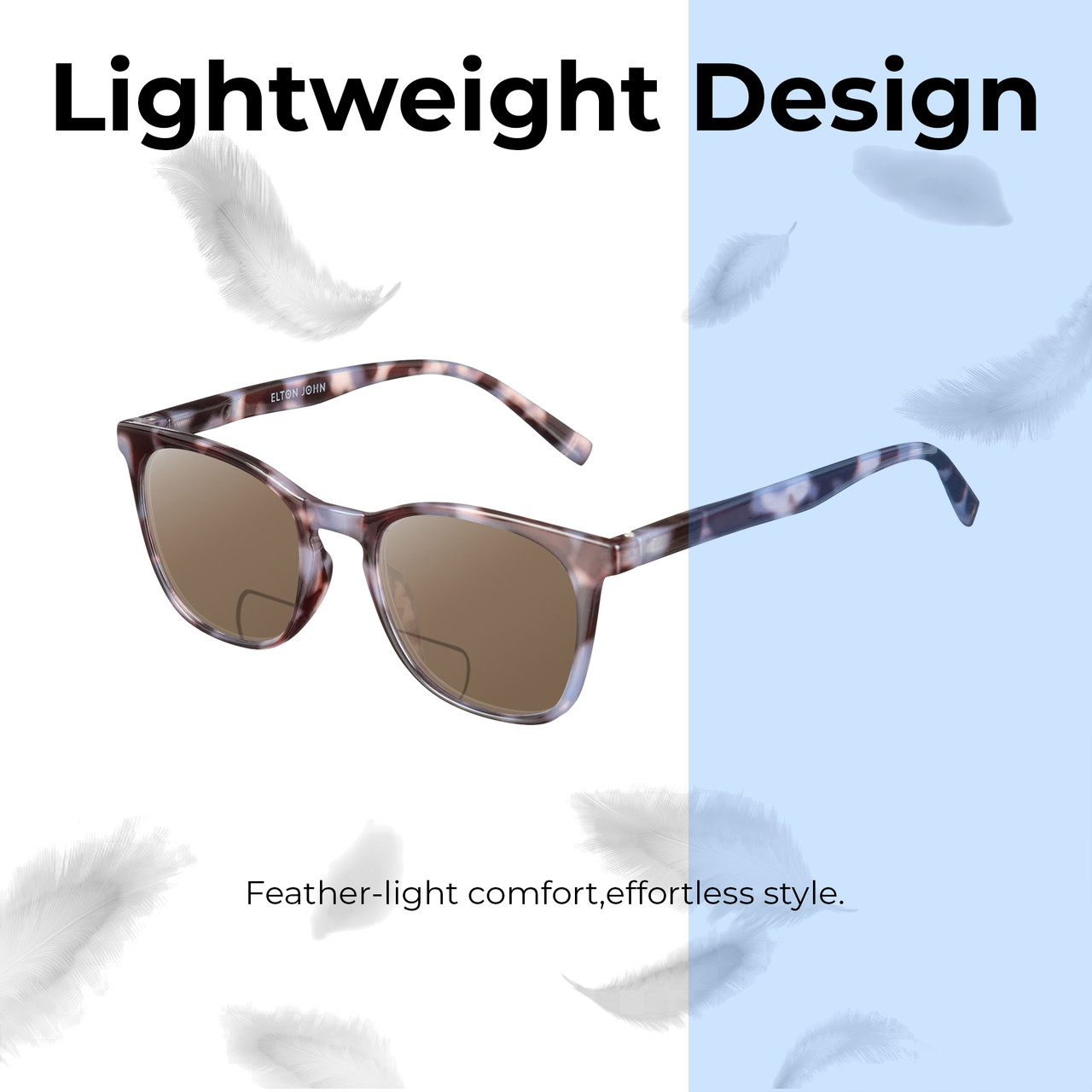 Lightweight Construction Illustration of Elton John Single 2 Designer Polarized Reading Sunglasses with Custom Cut Powered Amber Brown Lenses in Tortoise Havana Brown Unisex Square Full Rim Acetate 45 mm