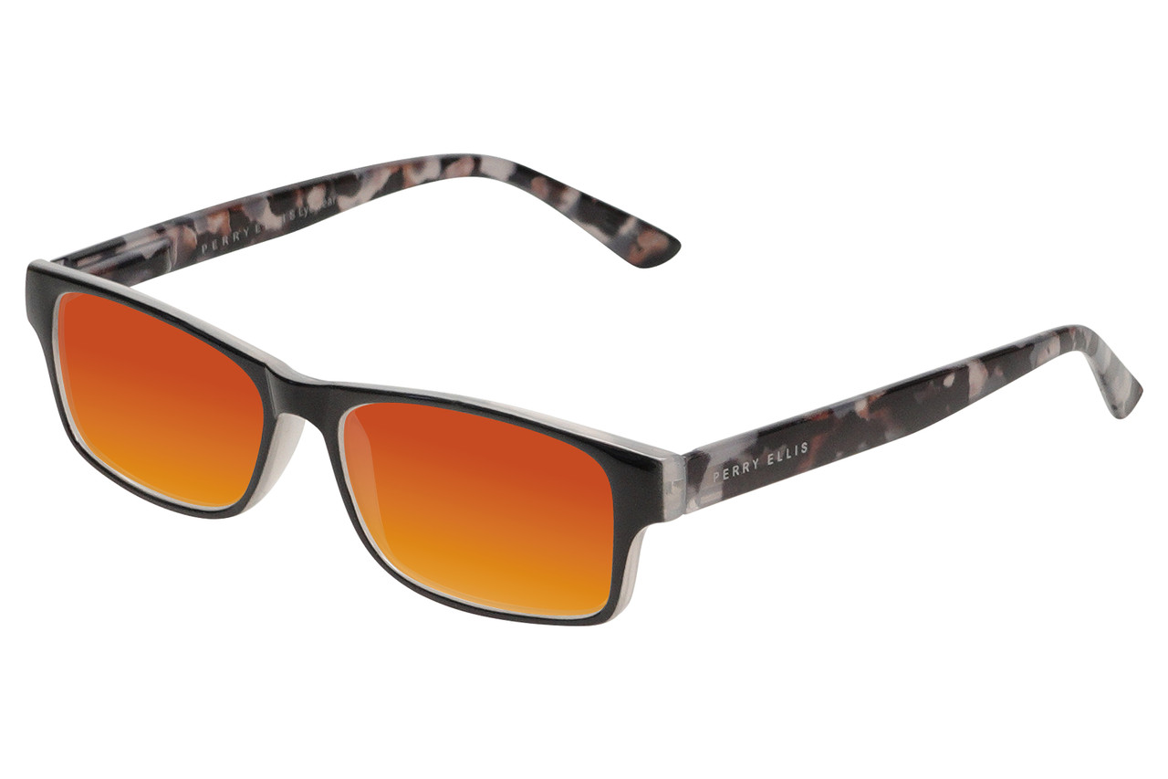 Profile View of Perry Ellis PEBX44 Designer Polarized Sunglasses with Custom Cut Red Mirror Lenses in Gloss Black Marble Unisex Rectangular Full Rim Acetate 50 mm