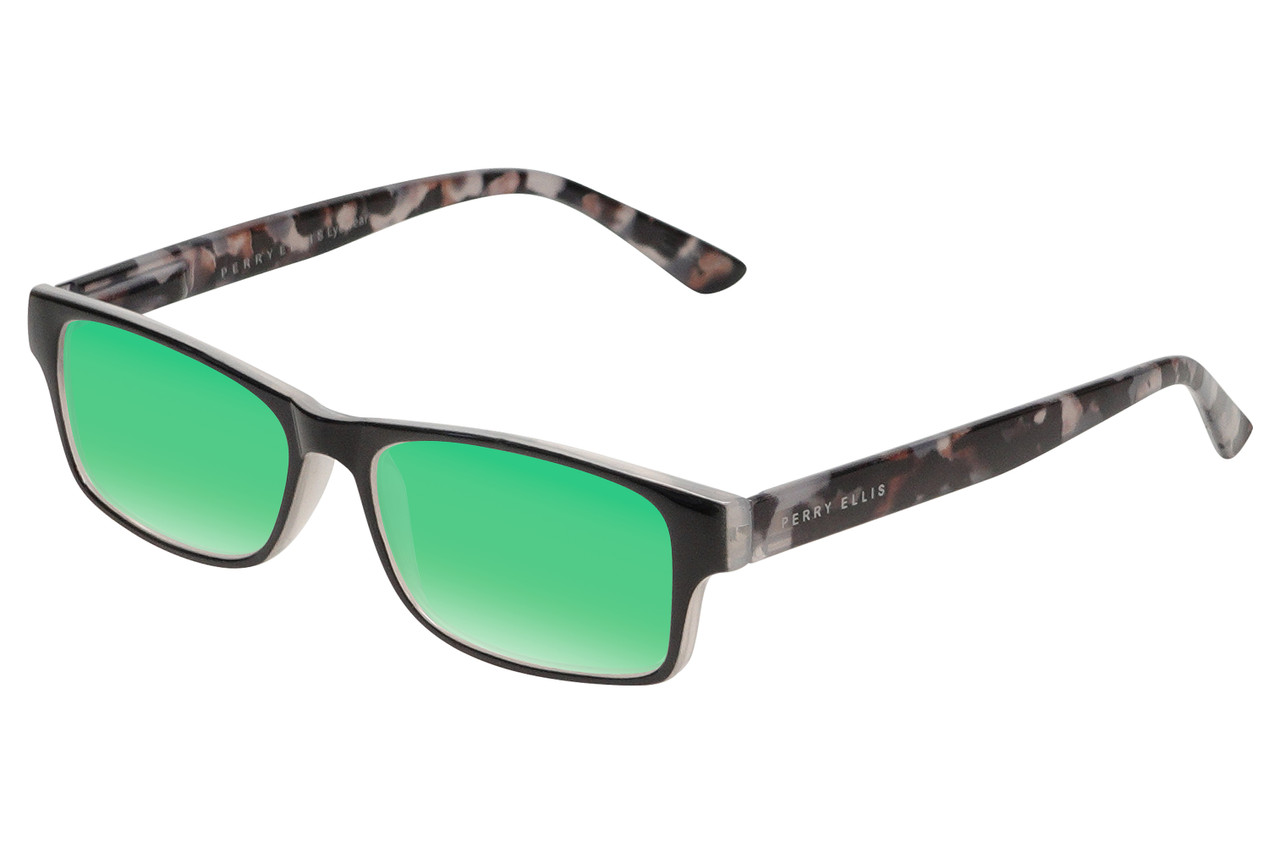 Perry Ellis PEBX44 Unisex Rectangular Designer Polarized Sunglasses in Gloss Black Marble 50mm CHOOSE LENS COLOR with Custom Cut Green Mirror Lenses