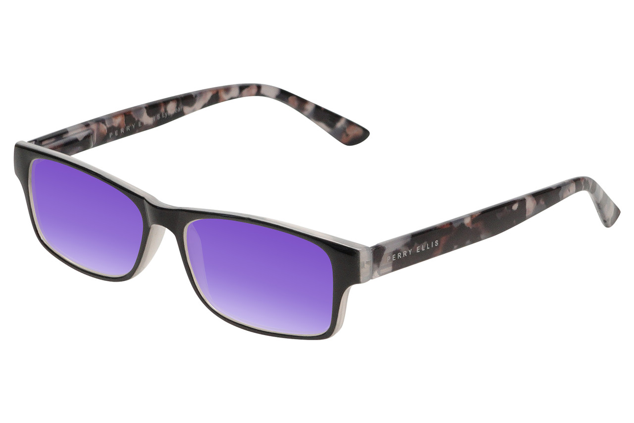 Perry Ellis PEBX44 Unisex Rectangular Designer Polarized Sunglasses in Gloss Black Marble 50mm CHOOSE LENS COLOR with Custom Cut Purple Mirror Lenses