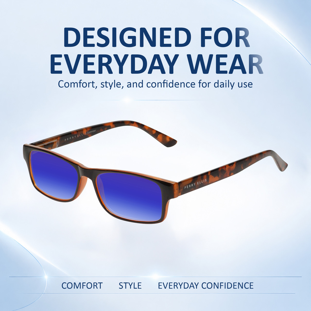 Comfort, Stylish, Everyday Confidence Illustration of Perry Ellis PEBX44 Designer Polarized Sunglasses with Custom Cut Blue Mirror Lenses in Gloss Brown Marble Unisex Rectangular Full Rim Acetate 50 mm