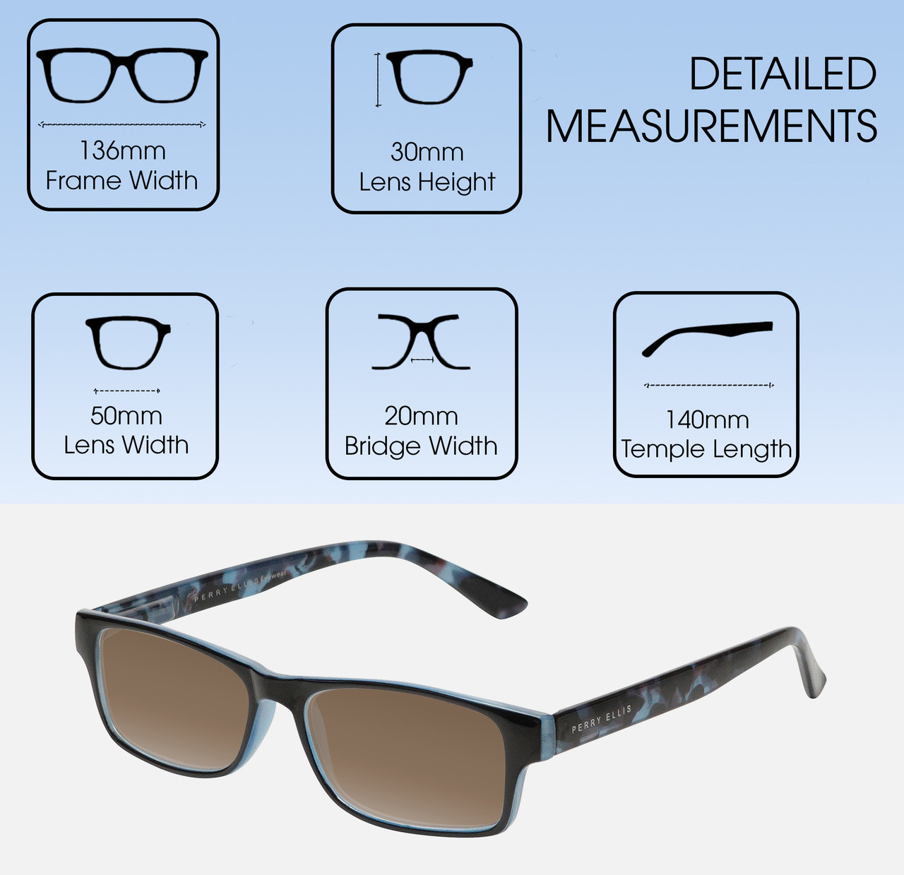 Dimensions and Measurements Illustration of Perry Ellis PEBX44 Designer Polarized Sunglasses with Custom Cut Amber Brown Lenses in Gloss Navy Blue Marble Unisex Rectangular Full Rim Acetate 50 mm