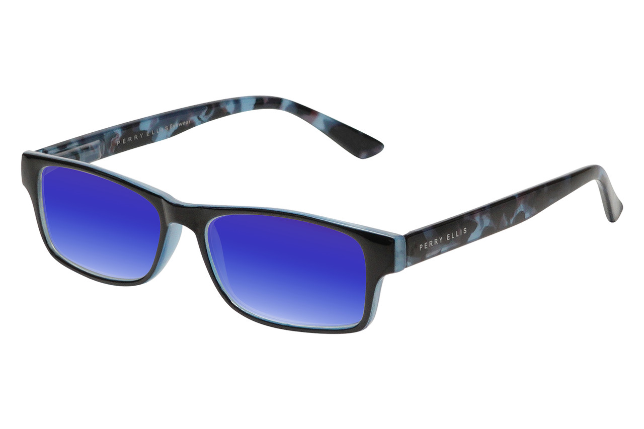 Profile View of Perry Ellis PEBX44 Designer Polarized Sunglasses with Custom Cut Blue Mirror Lenses in Gloss Navy Blue Marble Unisex Rectangular Full Rim Acetate 50 mm