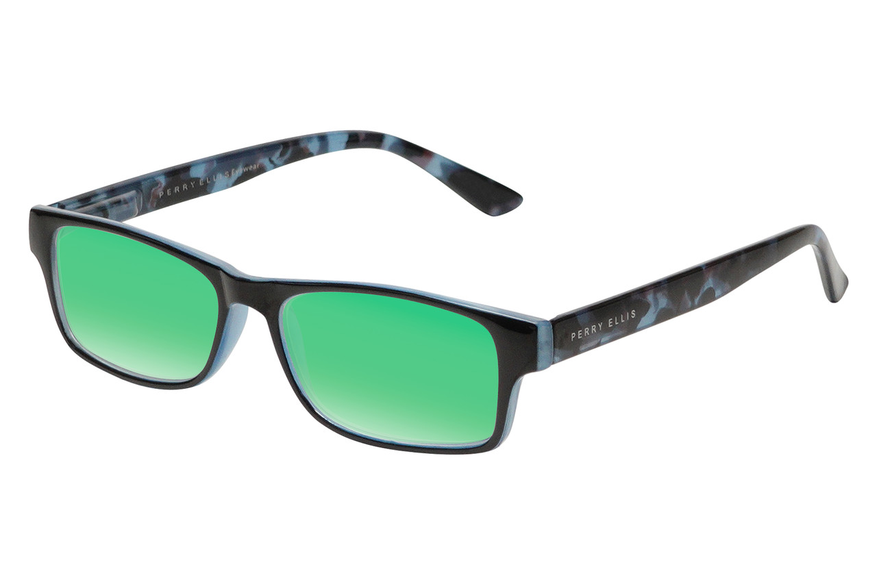 Perry Ellis PEBX44 Unisex Rectangular Designer Polarized Sunglasses in Gloss Navy Blue Marble 50mm CHOOSE LENS COLOR with Custom Cut Green Mirror Lenses